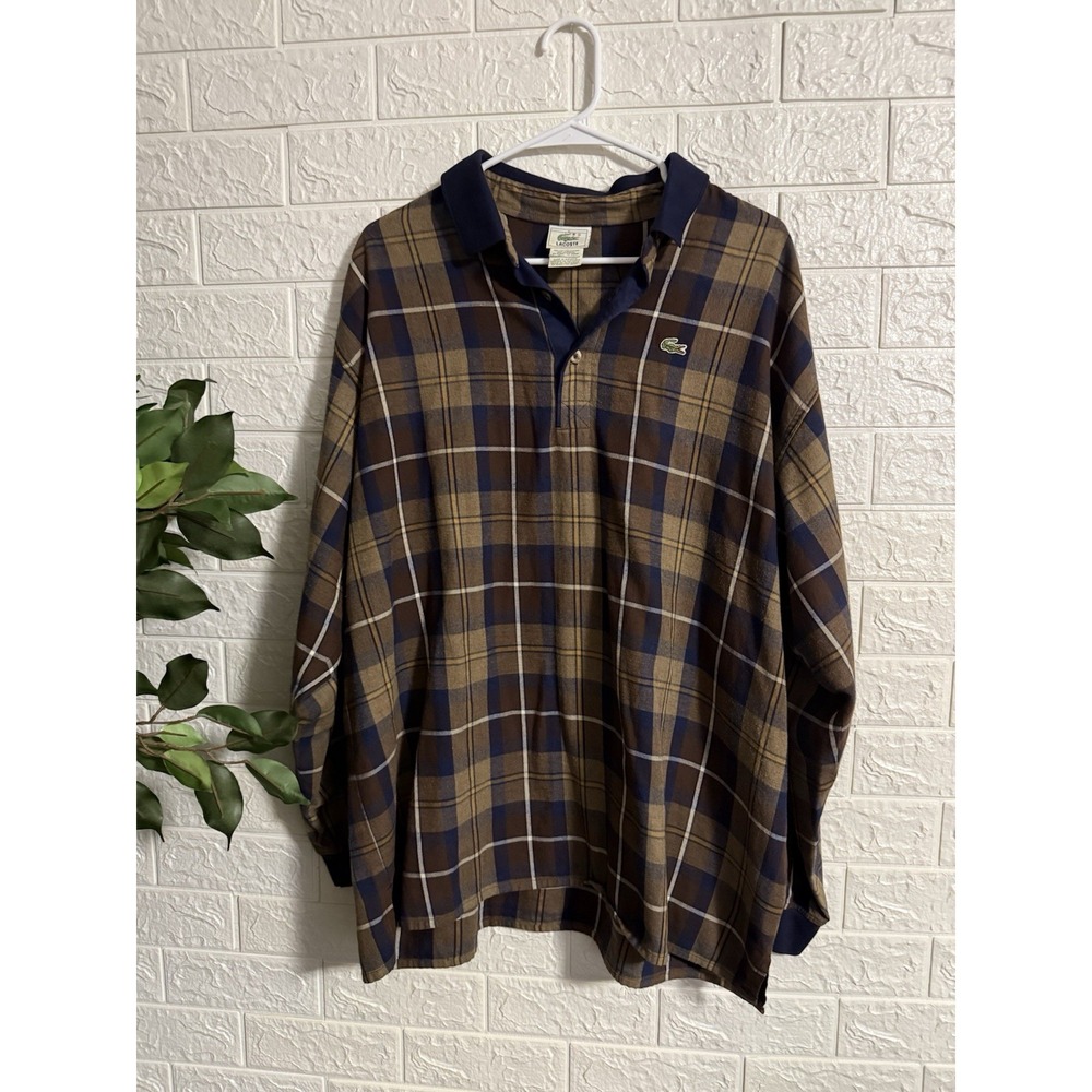 Lacoste Classic Long Sleeve Pique Plaid Polo Shirt Brown Navy XL 5848 L